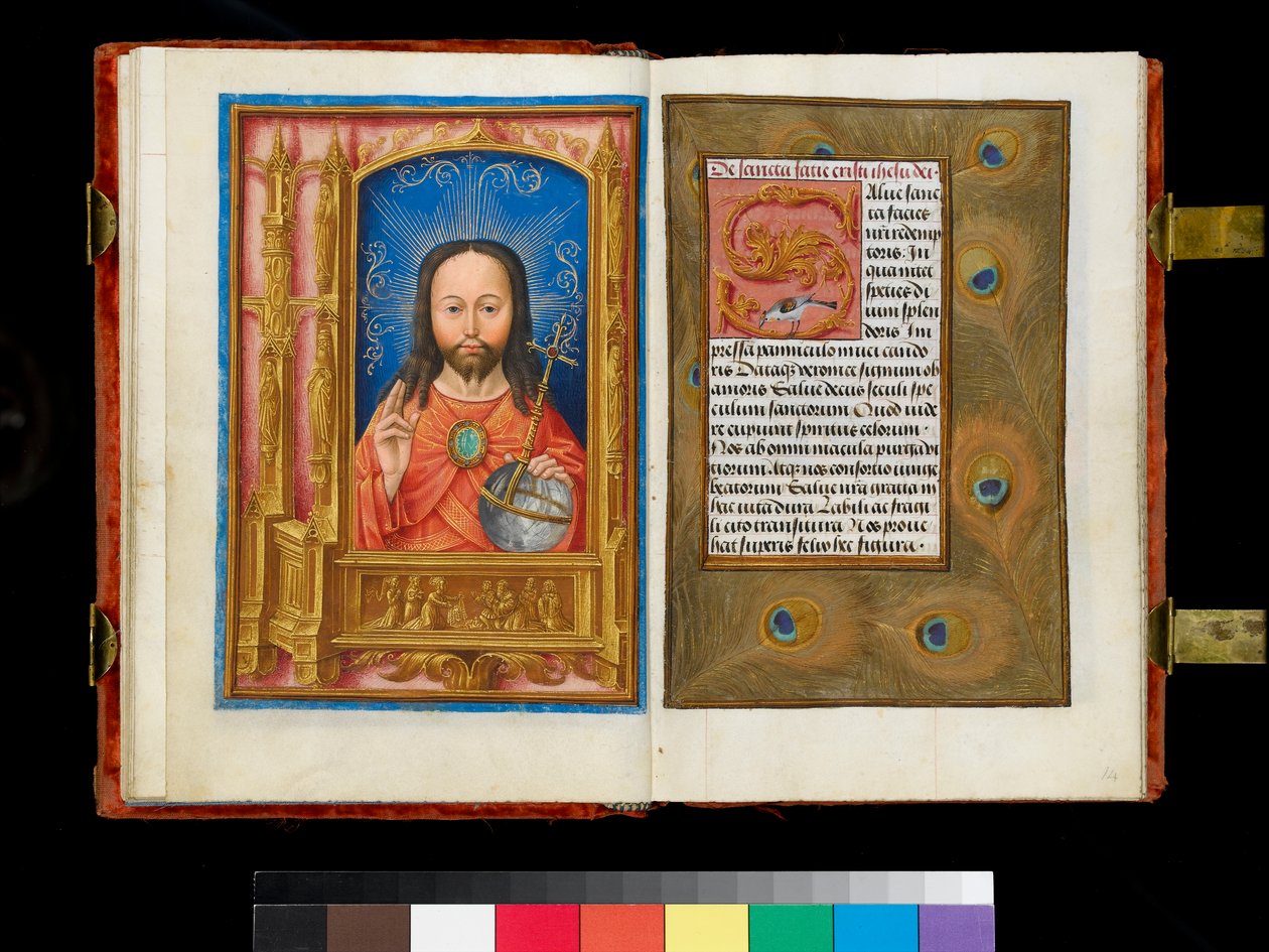 Ms 1058-1975 f.13v-14 Kristus i Majestæt over et predella-panel, der forestiller St. Veronica, der viser sudarium til seks tilbedere, kant af påfuglefjer, ca. 1500 af Flemish School