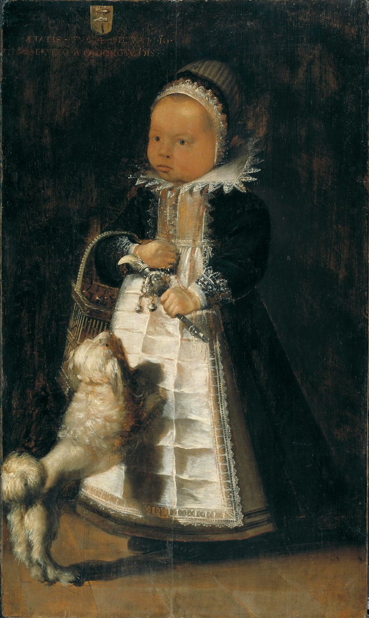 Portræt af en pige med en hund, ca. 1610 af Flemish School