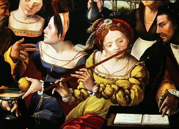 Scene Galante ved Gates of Paris, detalje af en fløjtespiller (detalje af 216104) af Flemish School