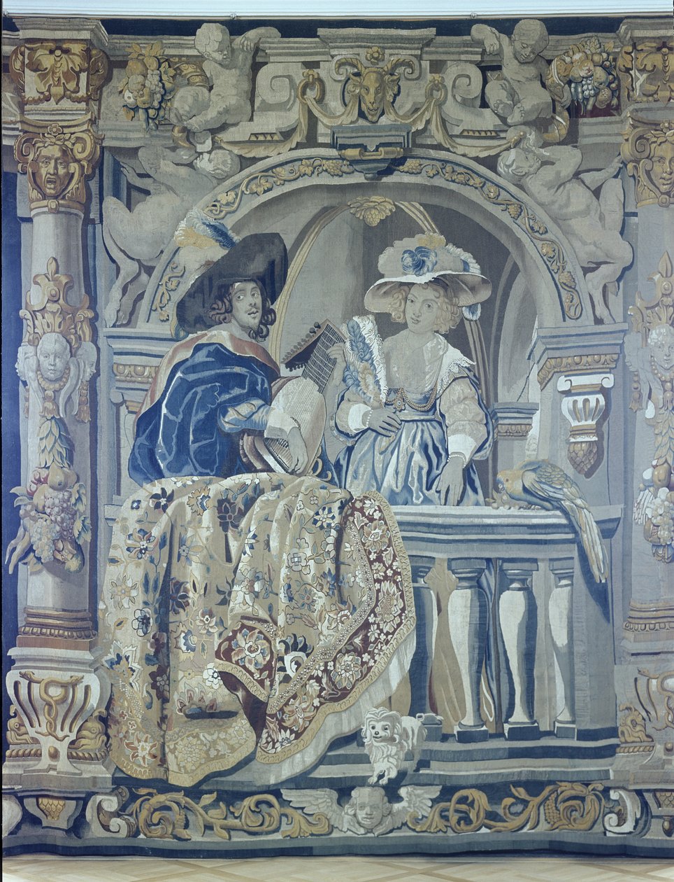 Tapet med en dame og kavaler på en balkon (tekstil) af Flemish School