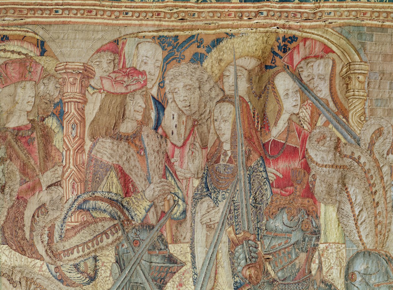 Turneringen, lodret vævetæppe fra værkstedet i Bruxelles, detalje af tribunen med Charles VII (1470-98) og Anne af Bretagne (1477-1514) ca. 1497 (se også 156549) af Flemish School