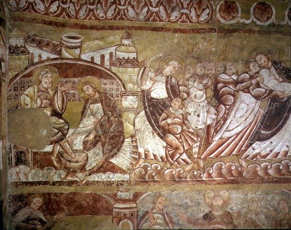(Lto R) Kristus vasker Peters fødder, Judas kysser Kristus (for detaljer se 95751) af French School