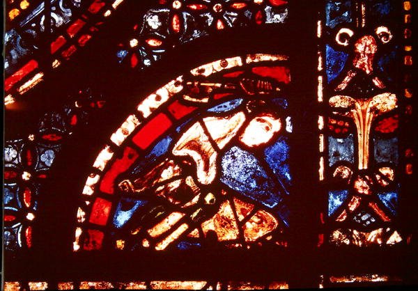 En slagter, detalje fra nederste højre hjørne af Miracles of the Virgin Window i skibets sydlige sideskib, 1205-15 af French School