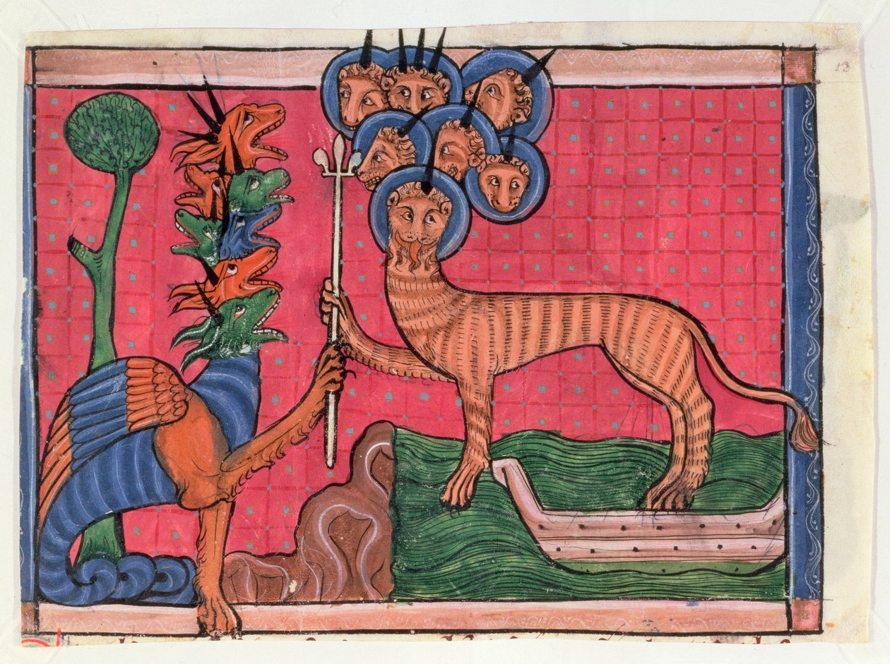 Apocalypse Miniatures: The Dragon Waging War og The Beast of the Sea, ca. 1295 (tempera på vellum) af French School