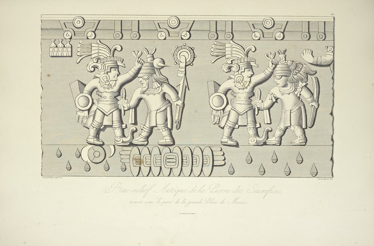 Aztec Stone Relief of Sacrifices, illustration fra Views of the Cordilleras and Monuments of the Native Peoples of America af Alexander von Humboldt og Aime Bonpland, 1813 af French School