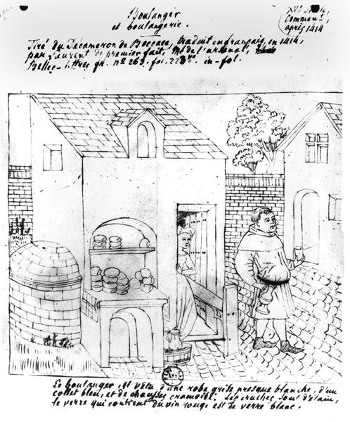 Baker and Bakery, tegnet efter en original belysning til en fransk oversættelse af Decameron af Boccaccio (1313-75) lavet i 1414 (pen og blæk på papir) af French School