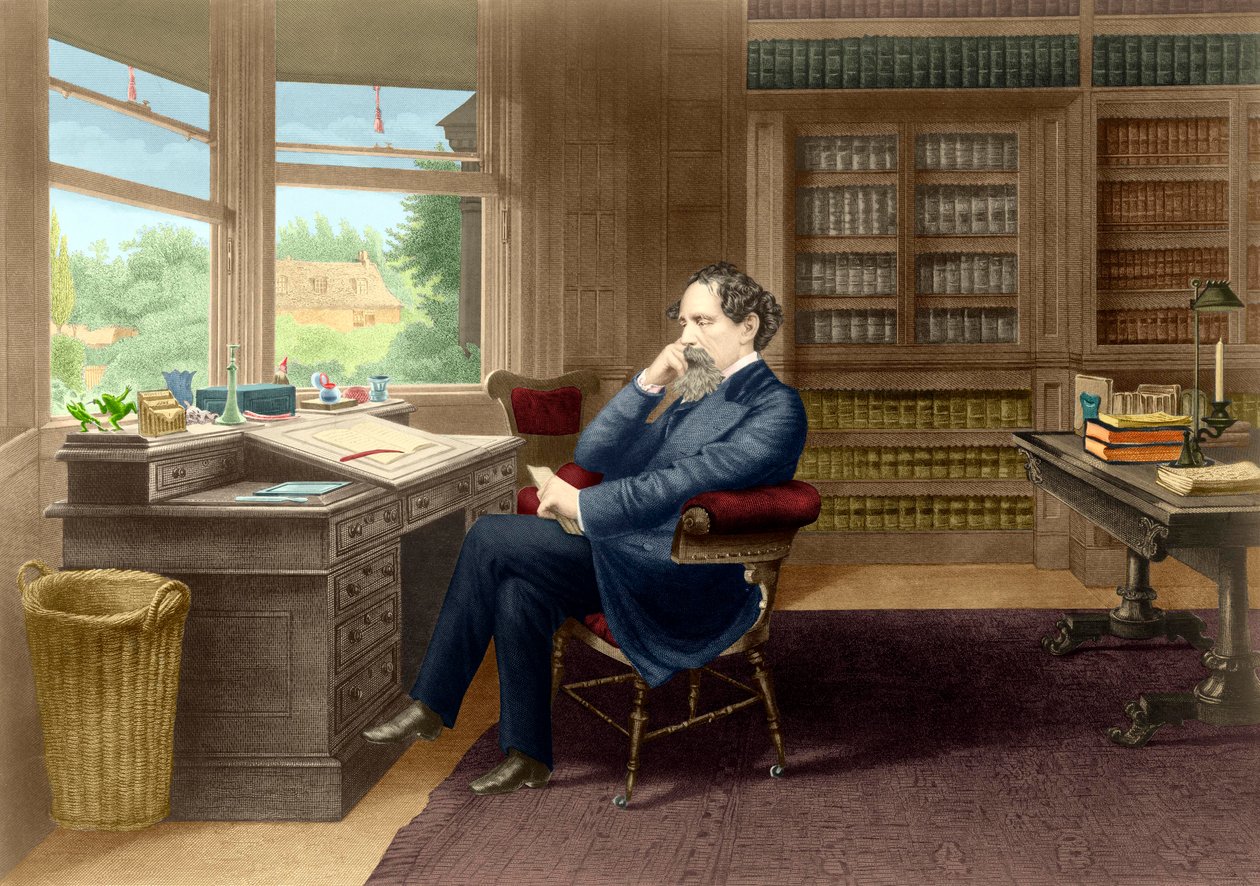 Charles Dickens i sit studie i Gadshill, 1865-70 af French School