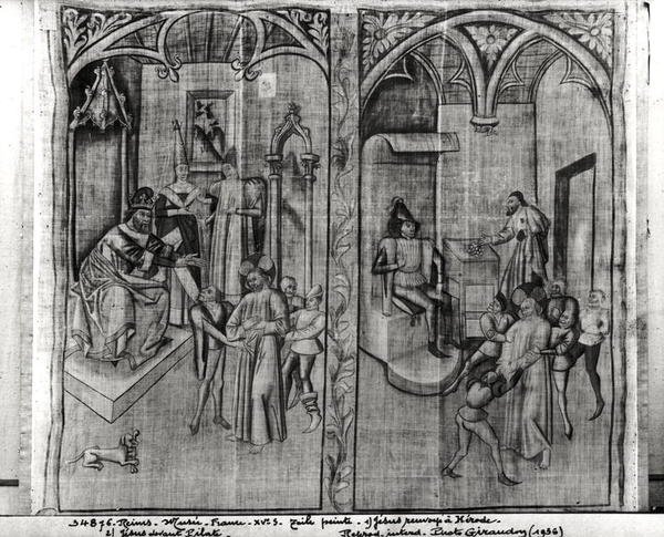 Kristus før Herodes, Kristus før Pilatus, et af fire sæt til en fremførelse af Lidenskabens Mysterium, fra Hotel-Dieu, Reims af French School