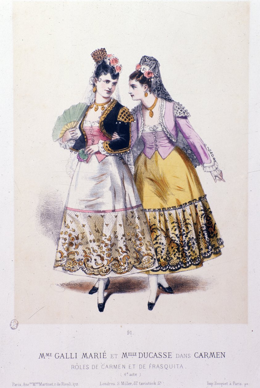 Kostumer af Marie Galli (Carmen) og frøken Ducasse (Frasquita), der handler i Carmen af Georges Bizet af French School