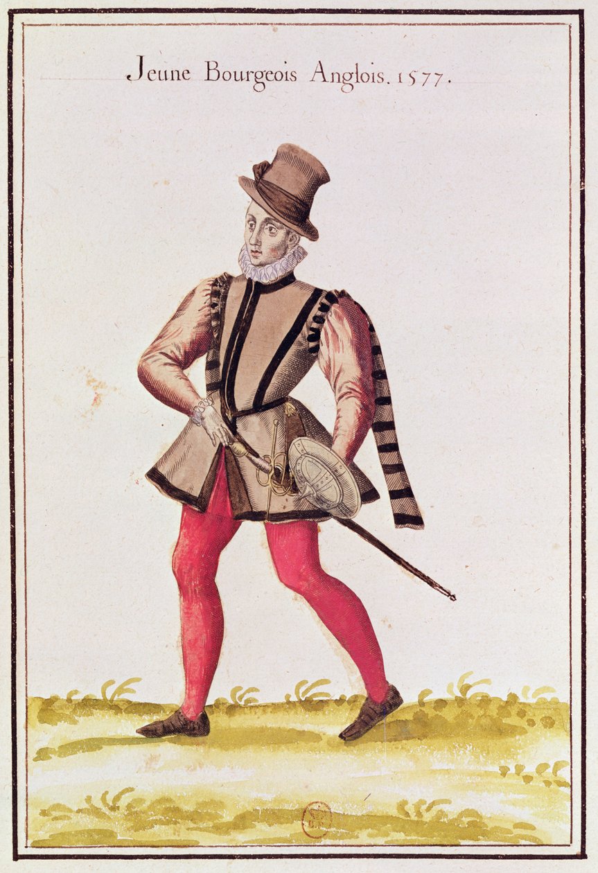 Kostumer fra landene i nord - en ung engelsk statsborger, 1577 (farvegravering) af French School
