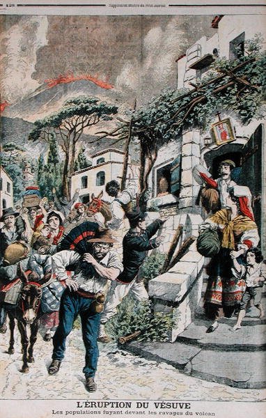 Vesuvs udbrud, mennesker, der flygter fra vulkanen, illustration fra Le Petit Journal, 22. april 1906 af French School