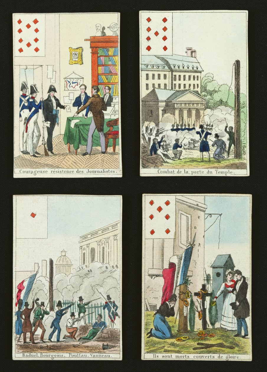 Fire spillekort til minde om heltene fra juli 1830, 1831 af French School