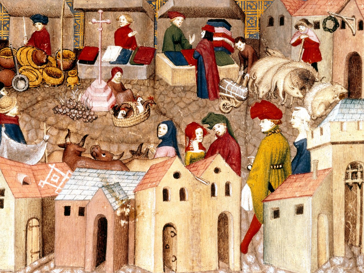 Fr 12559 fol.167 Markedspladsen , belysning fra Le Chevalier errant af Thomas III de Saluces, Paris, ca. 1400-05 af French School