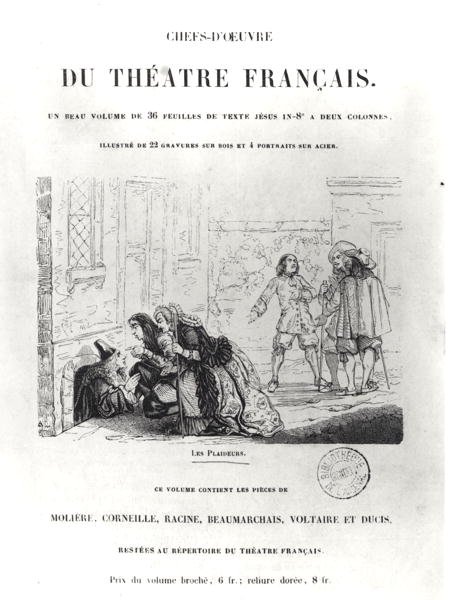 Frontispice for Chefs dOeuvre du Theatre Francais med en illustration til The Litigants af Jean Racine (1639-99) af French School