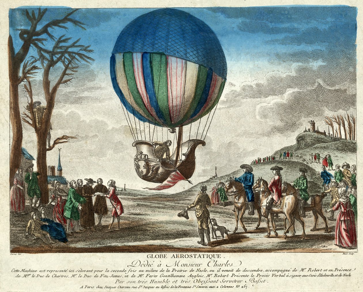 Aerostatic Globe, dedikeret til Monsieur Charles, pub. 1783 (håndfarvet gravering) af French School