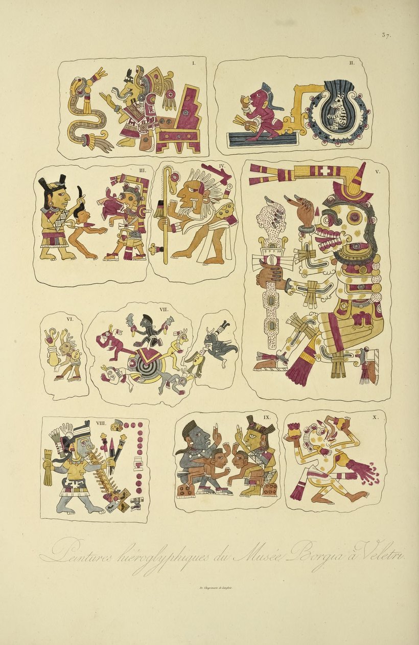 Hieroglyfiske malerier fra Borgia Museum, Veletri, illustration fra Views of the Cordilleras and Monuments of the Indigenous Peoples of America af Alexander von Humboldt og Aime Bonpland, 1813 (hånd-co. af French School