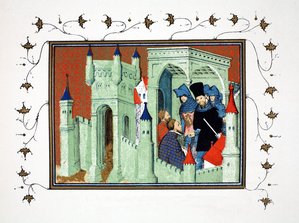 Interiør af Chester Castle, når hertugerne af Exeter og Surrey leverer Kings-budskabet til hertugen af Lancaster, faksimilekopi fra Le Prinse et Mort du Roy Richart af Jean Creton, genoptrykt 19. e.kr. af French School