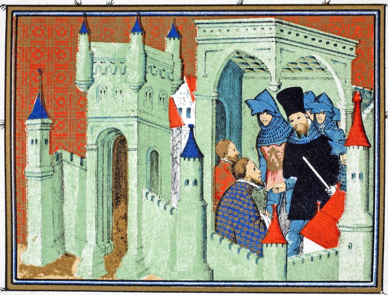 Interiør af Chester Castle, når hertugerne af Exeter og Surrey leverer Kings-budskabet til hertugen af Lancaster, faksimilekopi fra Le Prinse et Mort du Roy Richart af Jean Creton, genoptrykt 19. e.kr. af French School