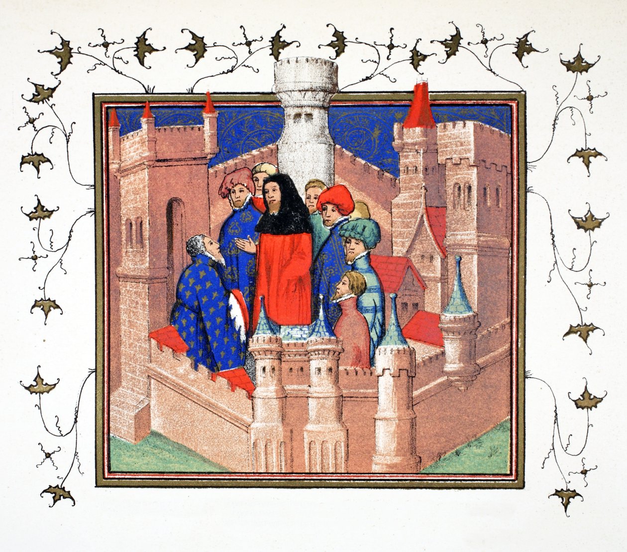 Interiør af Conway Castle og jarlen af Northumberland, der leverer sin falske besked til Richard II, faksimilekopi fra Le Prinse et Mort du Roy Richart af Jean Creton, genoptrykt 1800-tallet (farve af French School