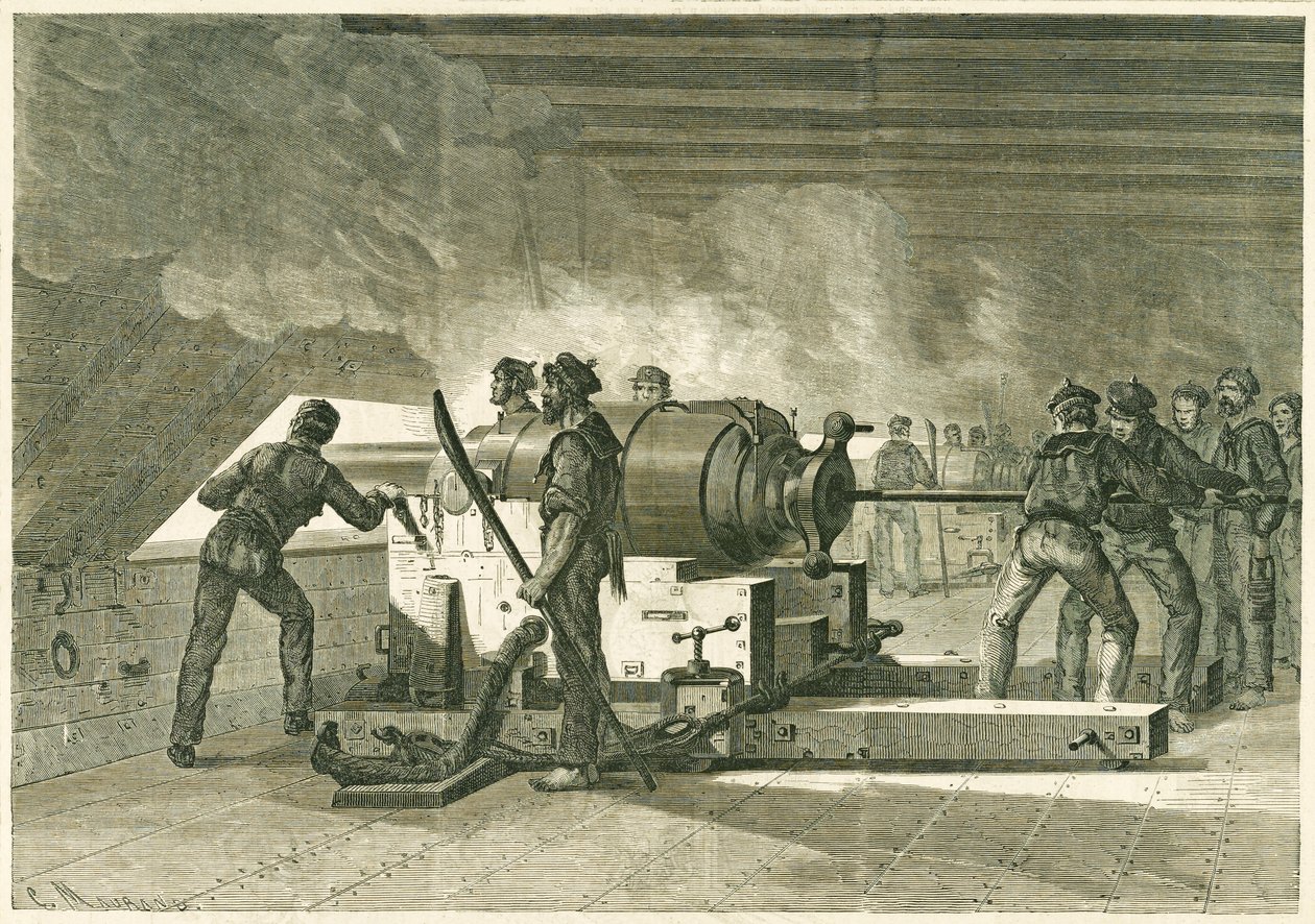 Interiør af Merrimacs batteri, under kampen med monitoren, udgivet 1862-1865 (trægravering) af French School
