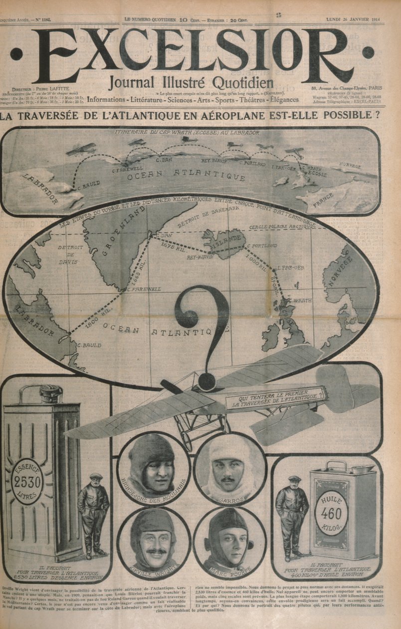 Er det muligt at krydse Atlanten med fly?, forside af Excelsior magazine, 26. oktober 1914 af French School