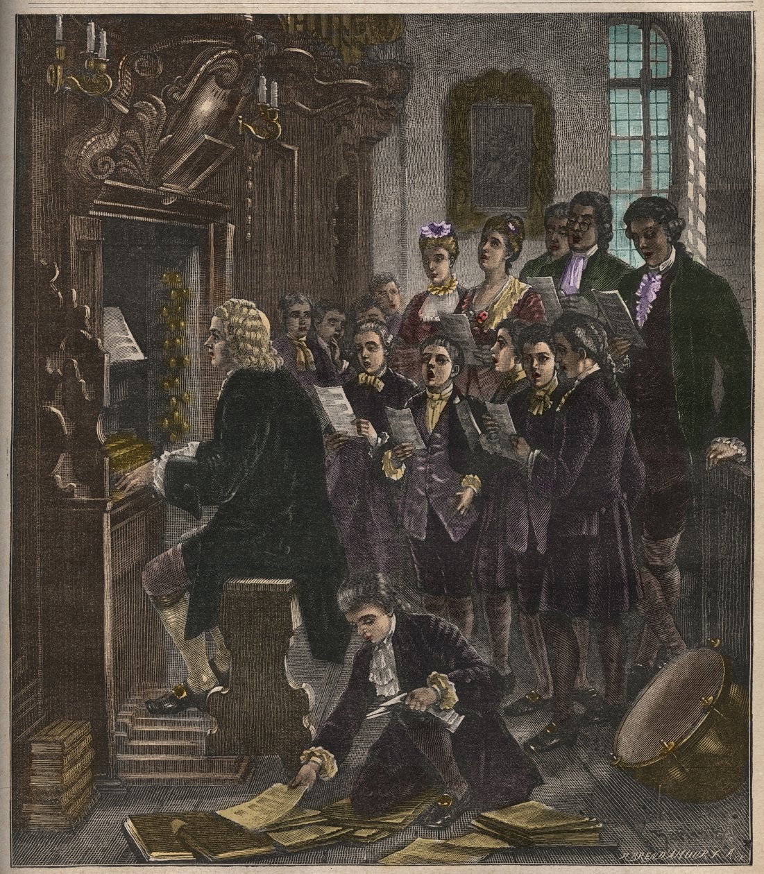 Johann Sebastian Bach spiller orgel på St. Thomas-skolen, Leipzig, illustration fra La musique populaire, 1882 af French School