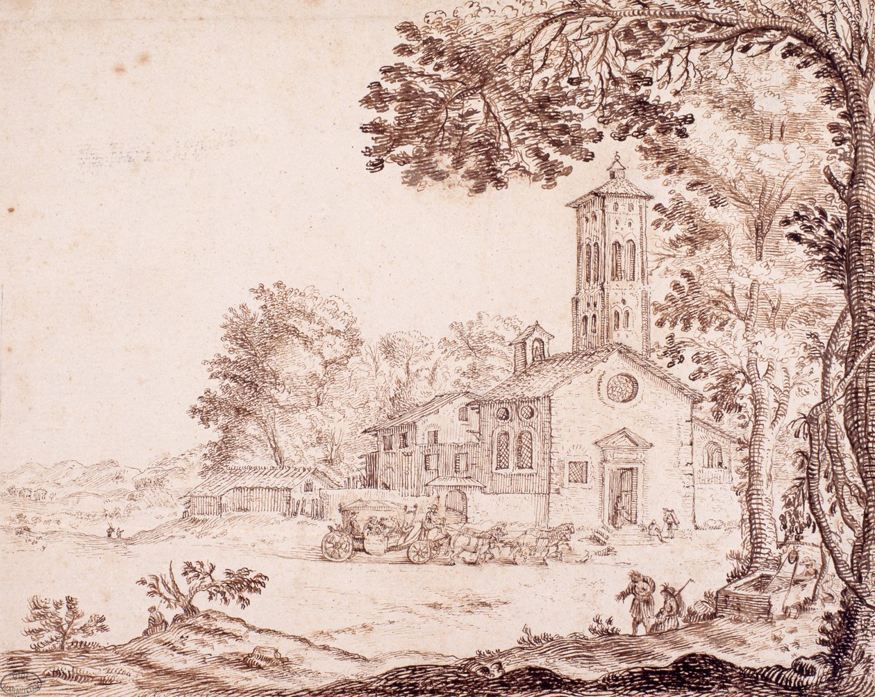 Landskab, kirke og vogn af French School