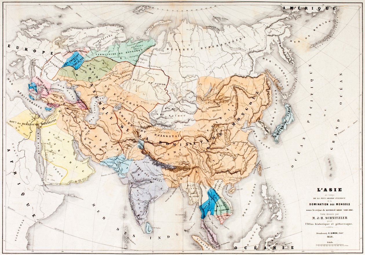 Kort over Asien på tidspunktet for den største udstrækning af mongolernes dominans under Kublai Khans regeringstid, fra LHistoire Universelle Ancienne et Moderne, udgivet i Strasbourg ca. 1860 (farvet en af French School