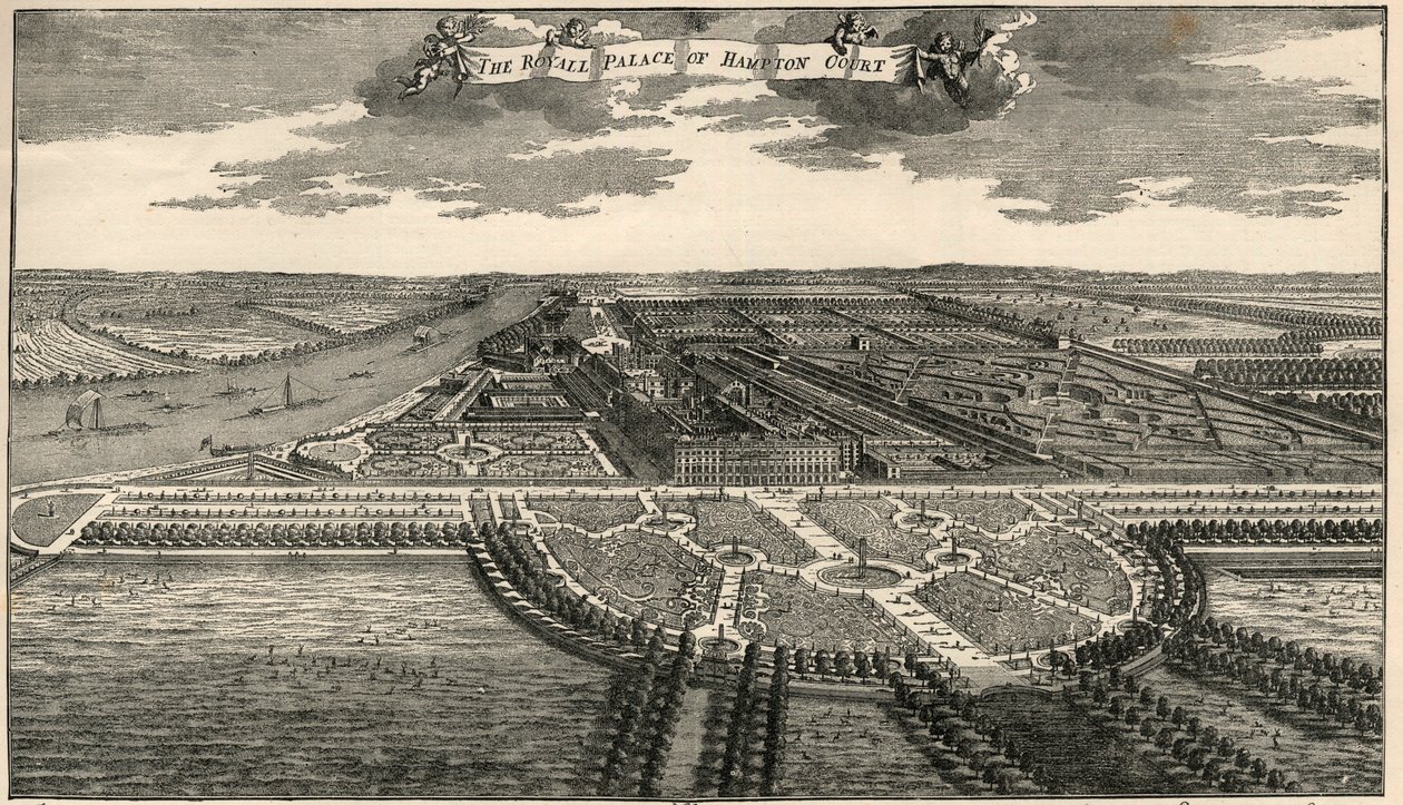 Kort over det kongelige domæne af Hampton Court, der viser alléerne i parken som udlagt af William III. af French School