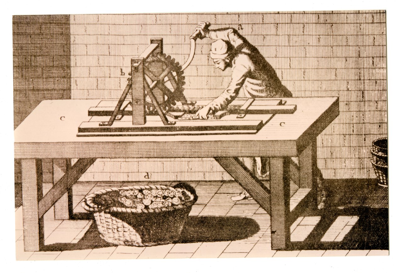 Afmærkning af kanten af mønter med en parallelstavet kantmarkeringsmaskine, fra Encyclopédie af Denis Diderot og Jean le Rond dAlembert, 1771 af French School