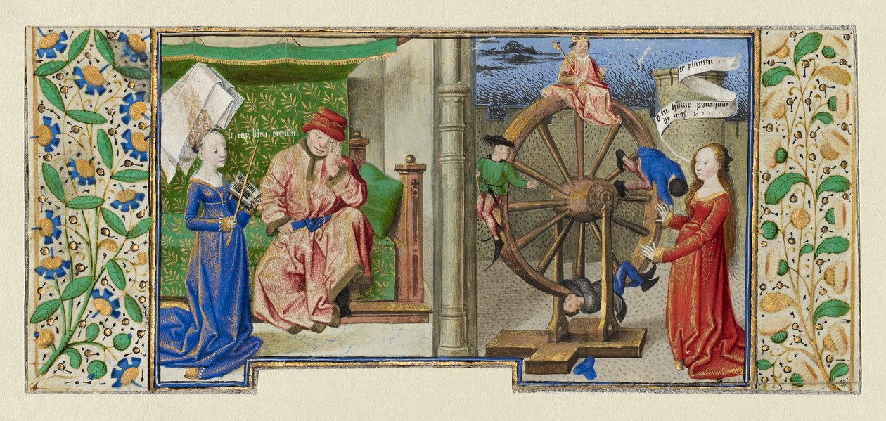 Miniature fra Boethius, Consolation de philosophie, ca. 1460-70 (tempera, bladguld og blæk på pergament) af French School