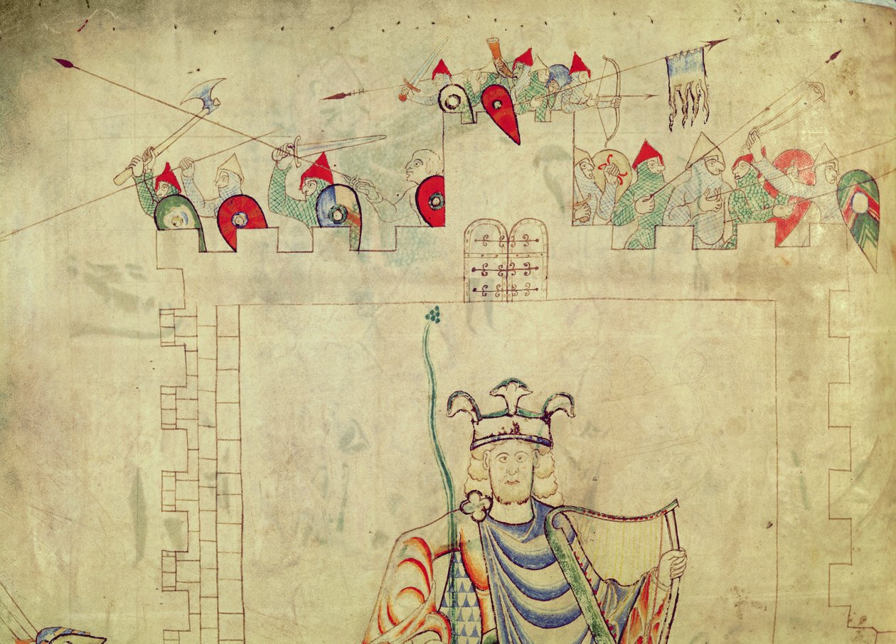 Ms 1215 t.3 fol.13v Kong David Siddende i Majestæt i centrum af Jerusalem, detalje af soldater på voldene, fra Bibelen fra St. Etienne Harding af French School