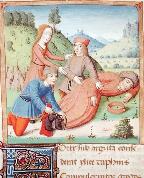 Ms 493 f.12v Den sovende Silenus er bundet op af hyrderne og Aegle, fra The Eclogues af Virgil med en kommentar af Servius, 1469 af French School