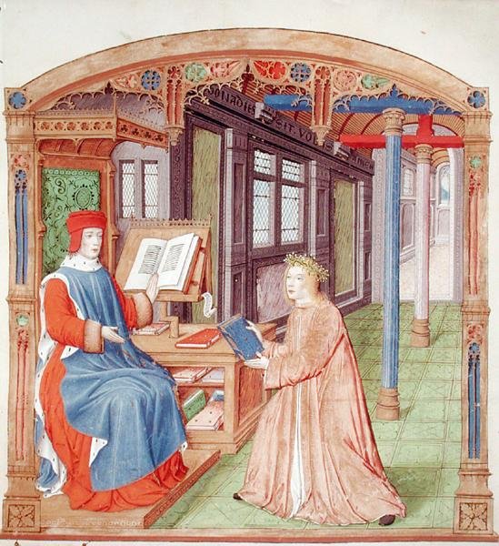 Ms 493 fol.19 Virgil (70-19BC) tilbyder sin bog til Maecenas, fra The Eclogues af Virgil med en kommentar af Servius, 1469 af French School