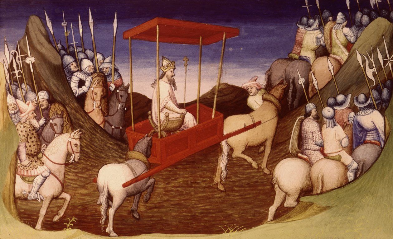 Fr 2810 f.204, Den Store Khan ankommer med sin eskorte, fra Livre des Merveilles du Monde, ca. 1410-12 (tempera på vellum) af French School