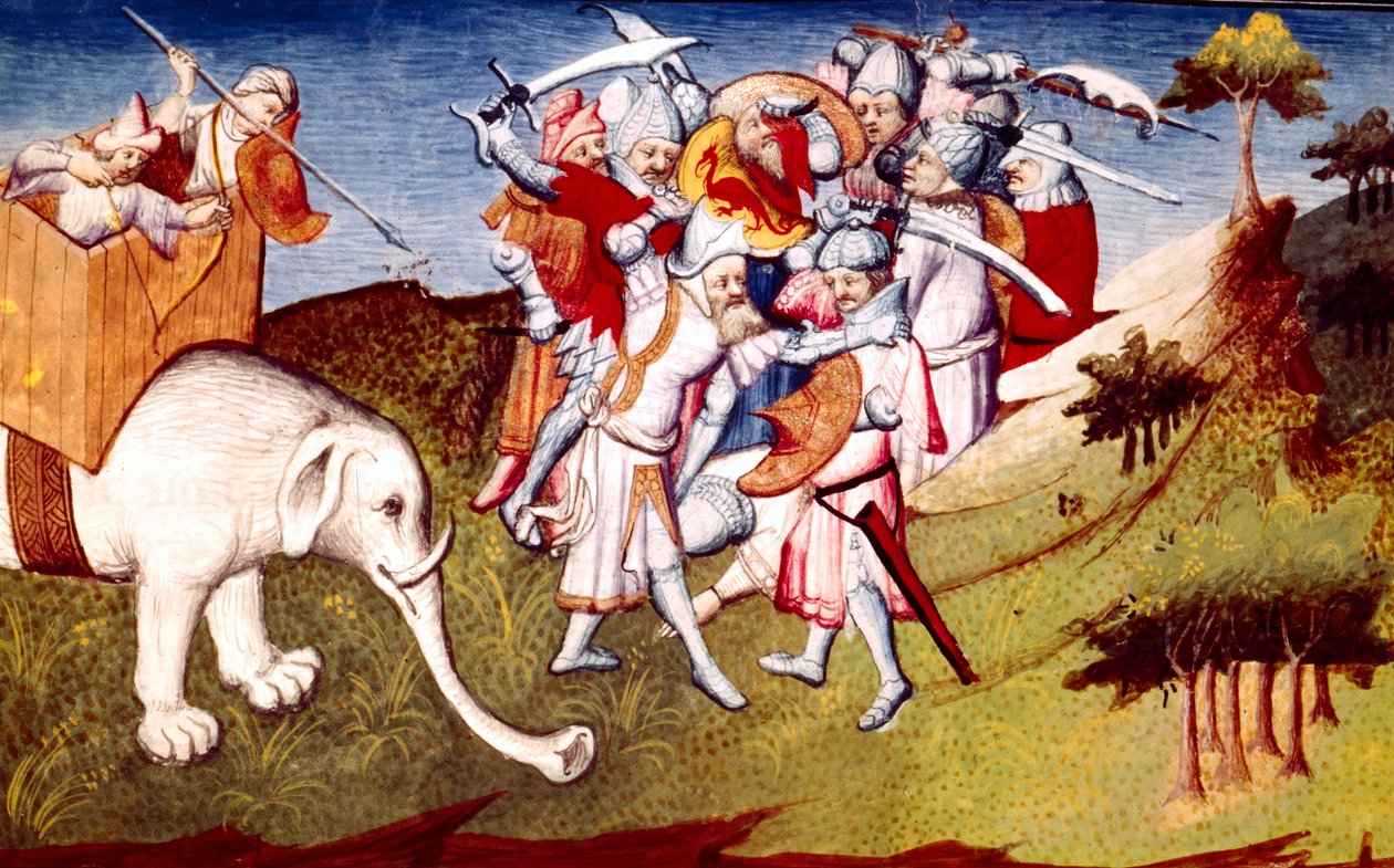 Fr 2810 f.33, Marco Polo i kampen mellem Djengis Khan og hans onkel Nouern, illustration fra Livre des Merveilles du Monde, ca. 1410-12 (tempera på vellum) af French School