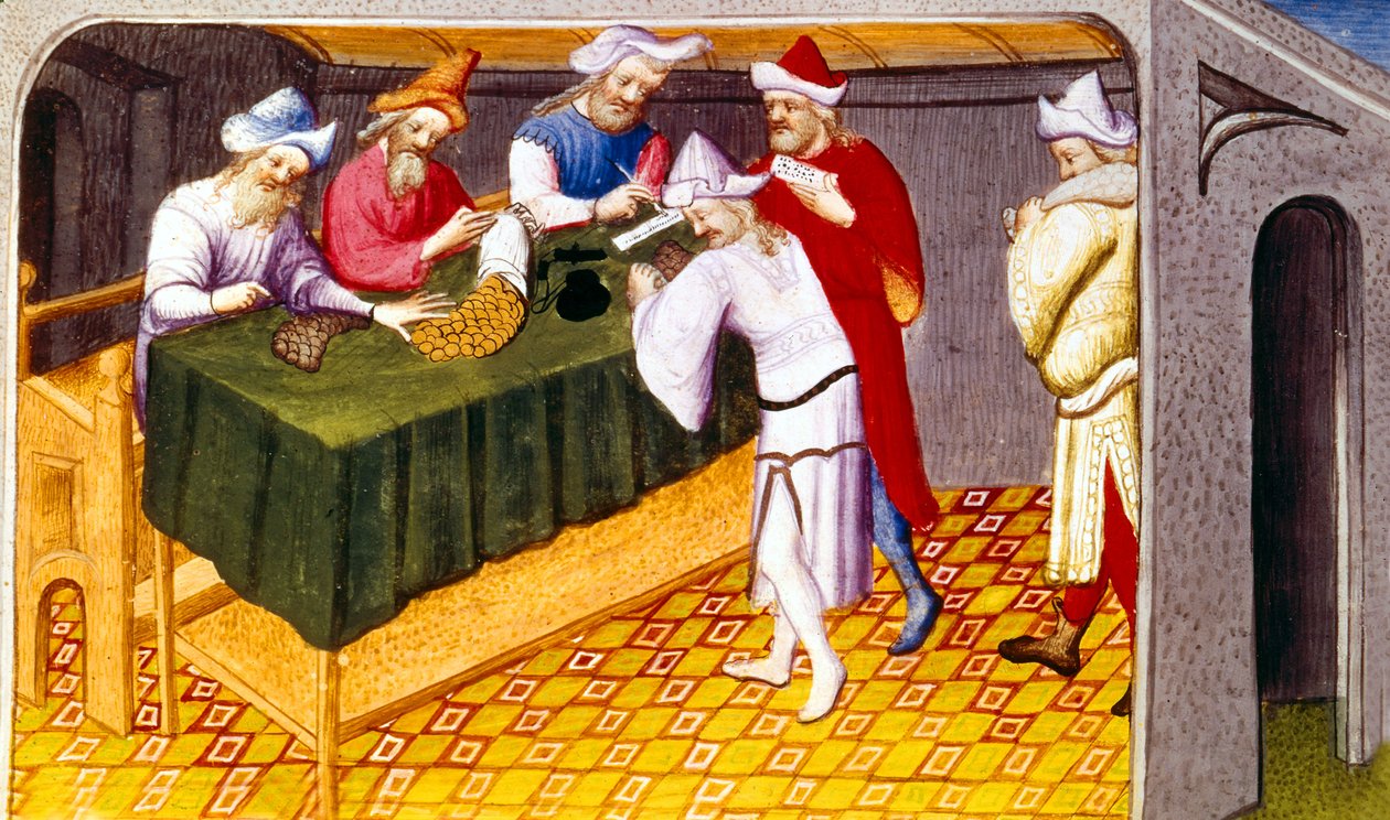 Fr 2810 f.69, Skat hævet af Djengis Khan på salt, sukker og krydderier i byen Quinsay, fra Livre des Merveilles du Monde, ca. 1410-12 (tempera på vellum) af French School