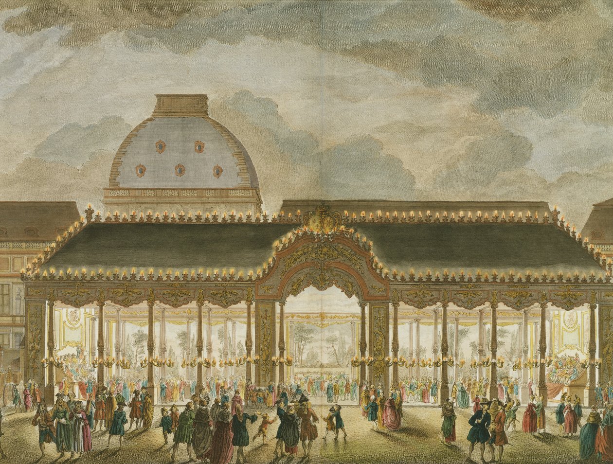 Perspektivudsigt over karruselrummet, konstrueret i anledning af monseigneur Le Dauphins ægteskab (detalje fra 174858), indgraveret af Oubrier (farvegravering) af French School