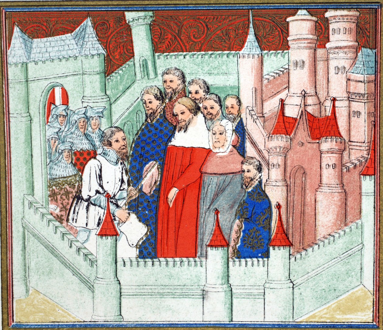 Richard II på Flint Castle, hvor han blev leveret til fange til Bolingbroke, hans rival til tronen, faksimilekopi fra Le Prinse et Mort du Roy Richart af Jean Creton, genoptrykt 1800-tallet (farve) af French School