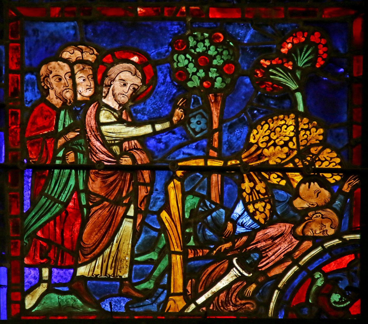 St. Martin får et træ til at falde over hedningene, der tilbad træet, scene fra St. Martins liv, Chartres-katedralen af French School