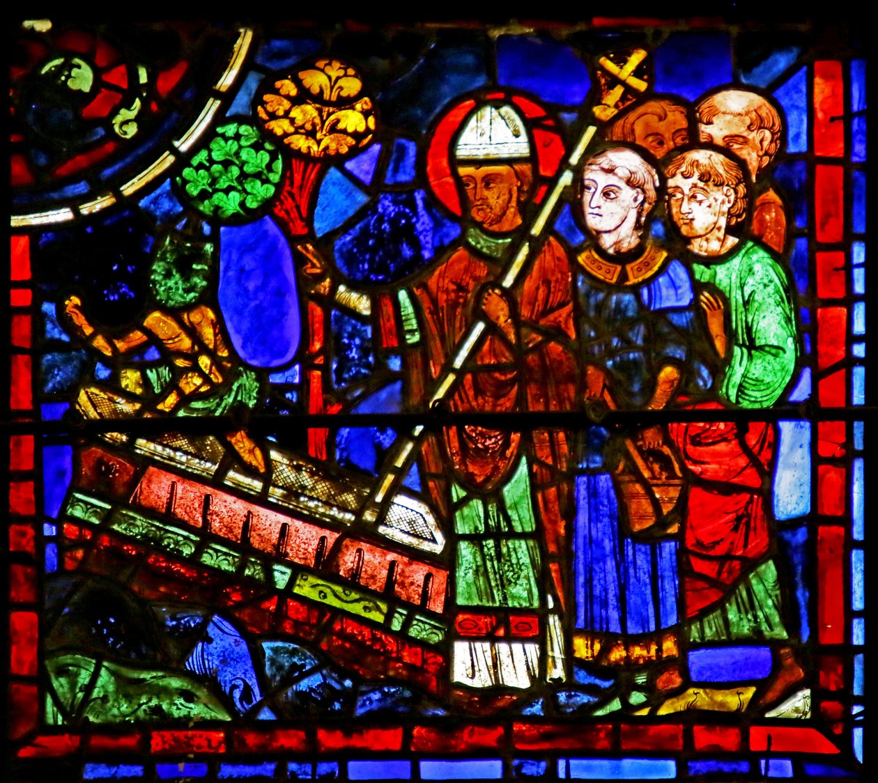 Sankt Martin uddriver en dæmon fra en formodet martyrs grav, scene fra Sankt Martins liv, katedralen i Chartres af French School