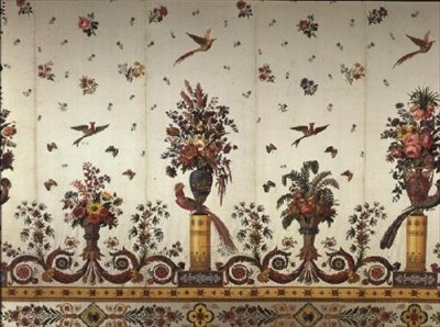 Tekstil med klassiske vaser og urner, blomster og paradisfugle, af Cousin and Bony, Bissardon, Lyon, 1811 (broderet satin) af French School