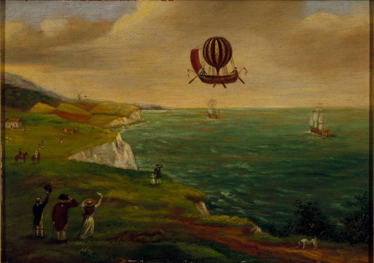 Den første ballonkrydsning af Den Engelske Kanal, 7. januar 1785, ca. 1785 af French School