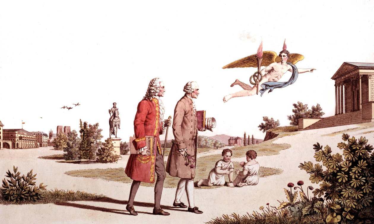 The Spirit of Voltaire og Jean Jacques Rousseau fører dem til Immortality Temple, illustration fra An Allegory of the Works of French Philosophers af French School