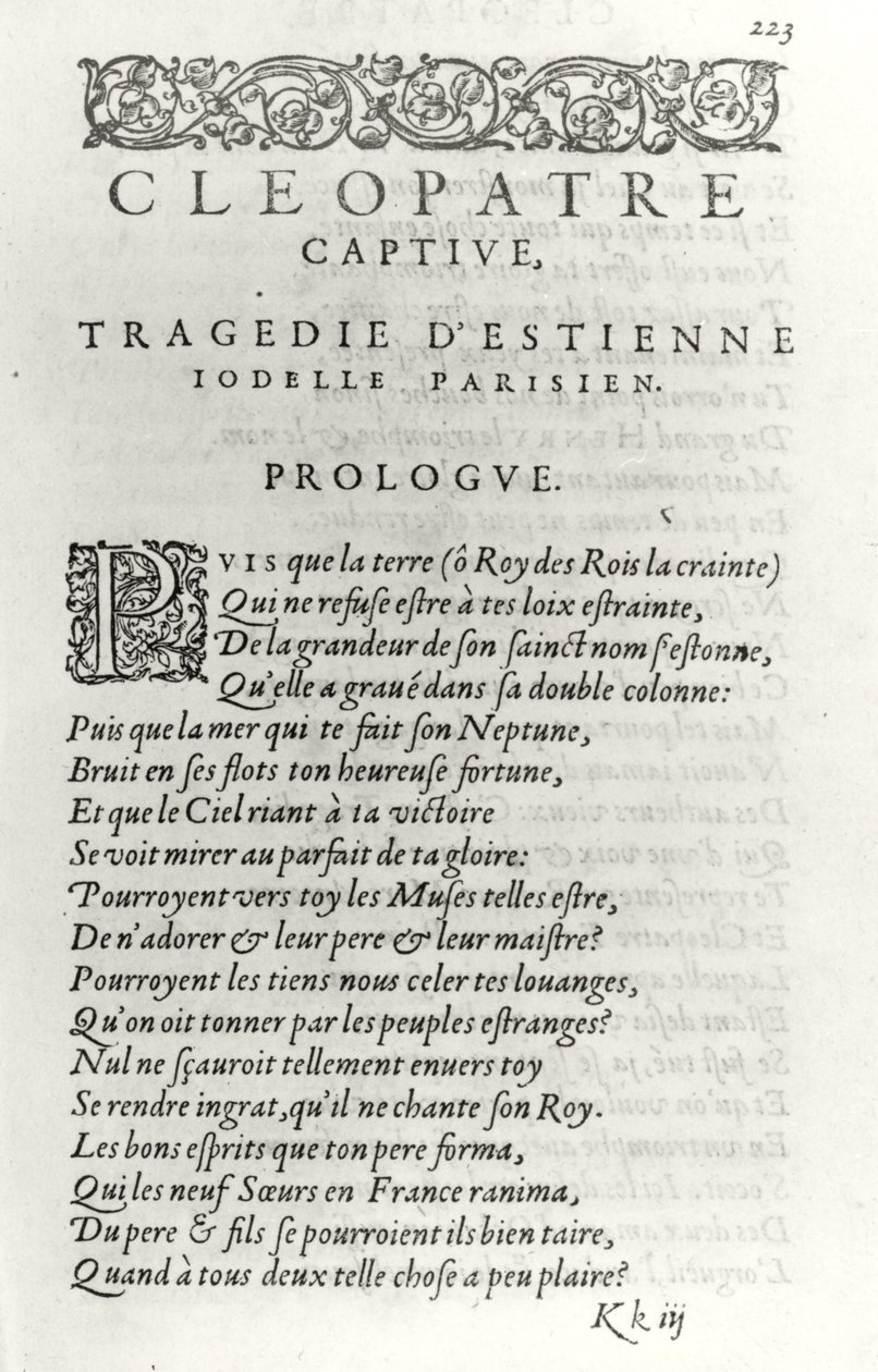 Titelblad for Cleopatre Captive, af Etienne Jodelle (1532-73) 1574 af French School