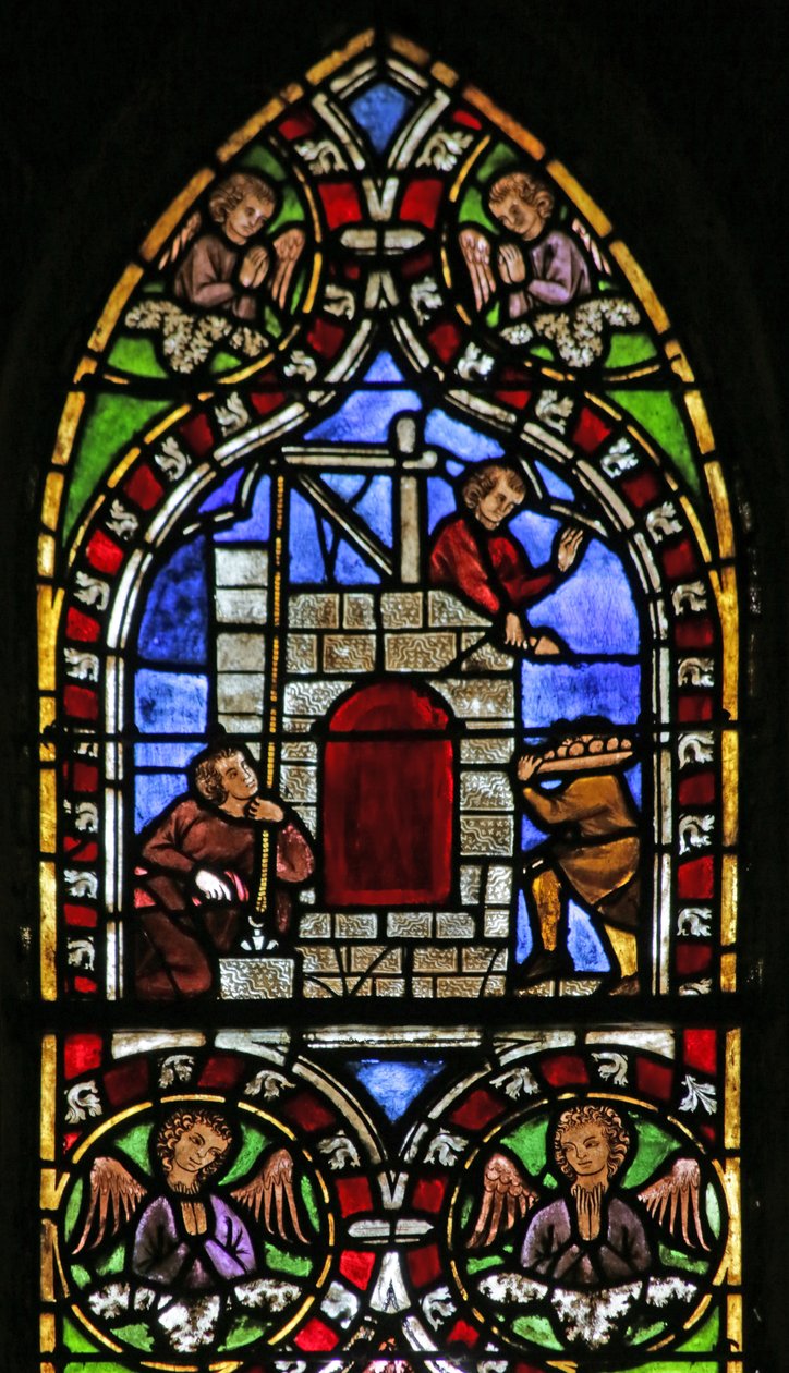 Vindue, der viser bygningen af Babels tårn, ca. 1325 af French School