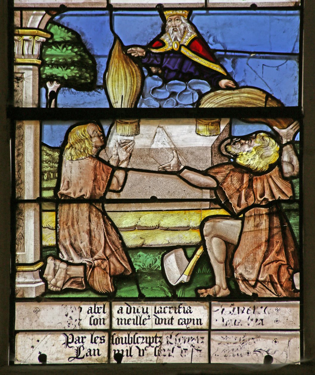 Vindue, der viser Kain og Abel, der bringer deres ofre af French School