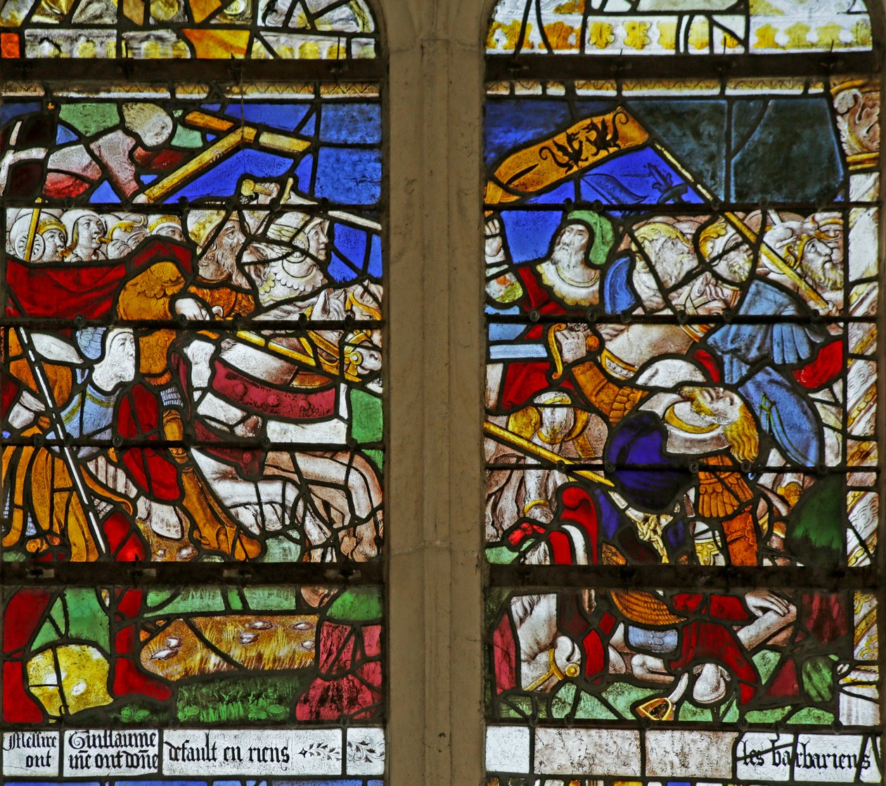 Vindue, der viser Konstantin, der kæmper mod Maxence af French School