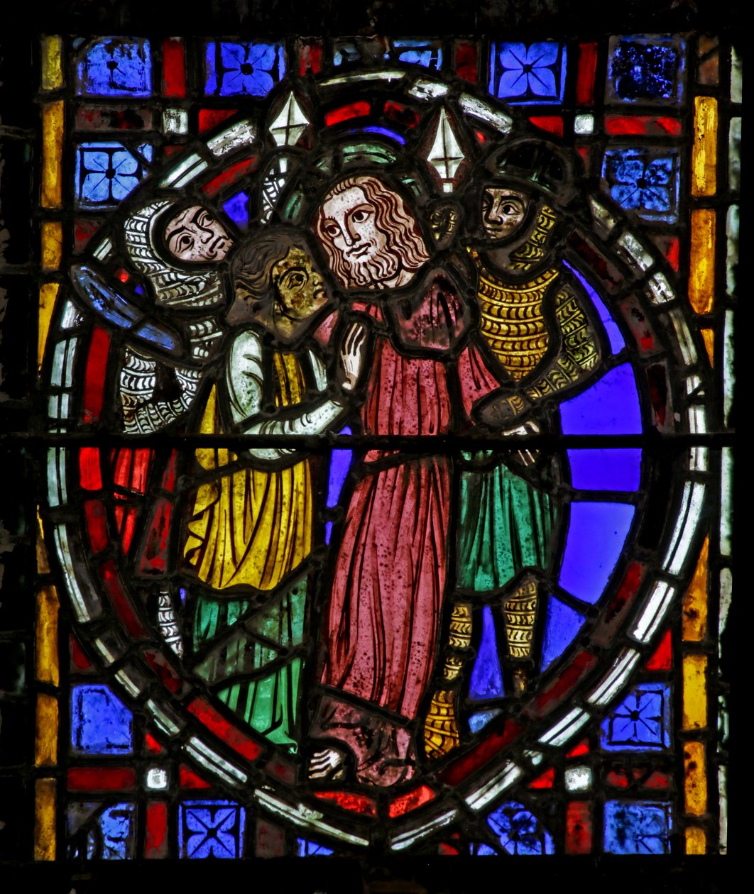 Vindue, der forestiller Judas Forræderi af French School