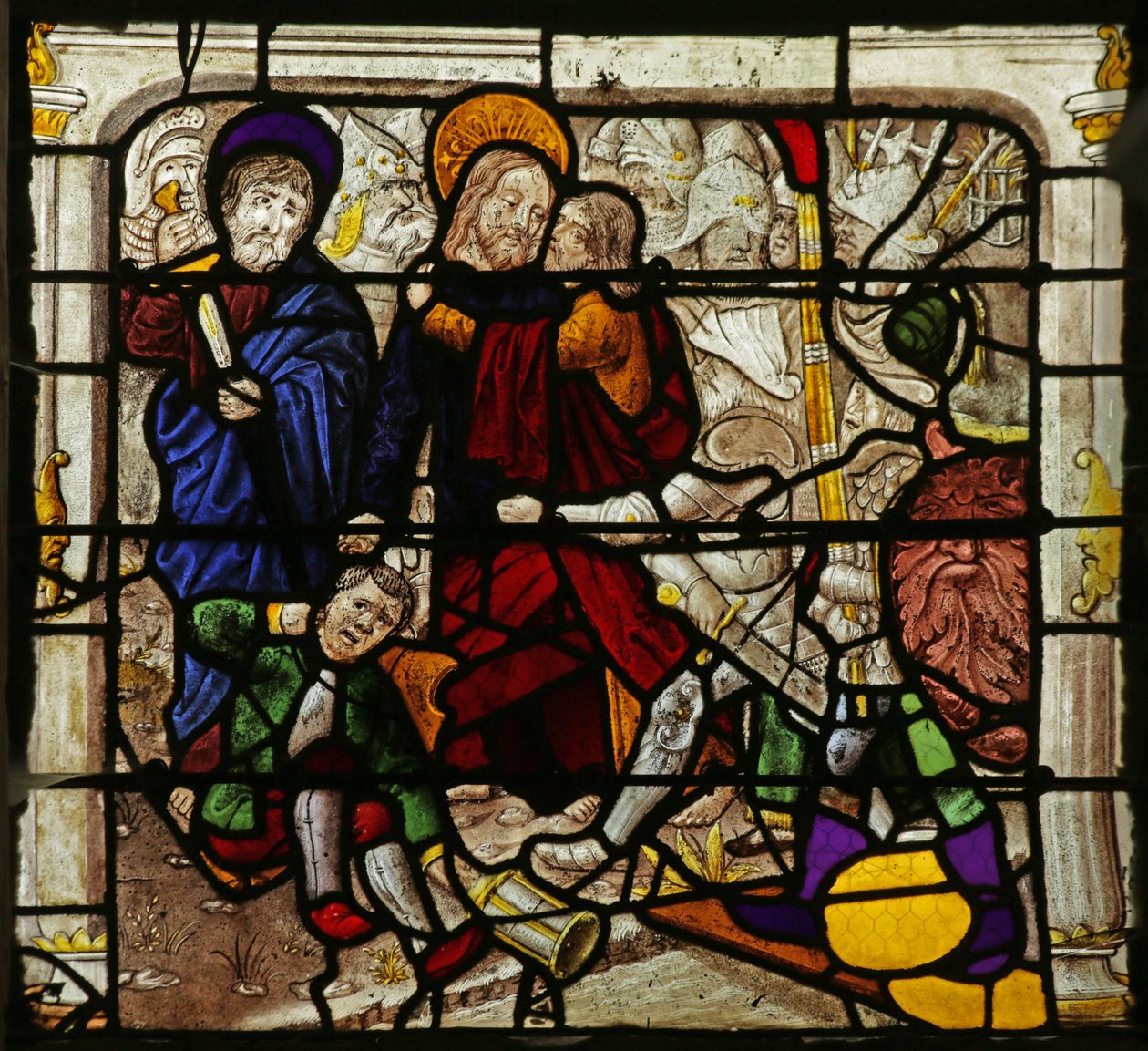 Vindue, der forestiller Judas Forræderi af French School